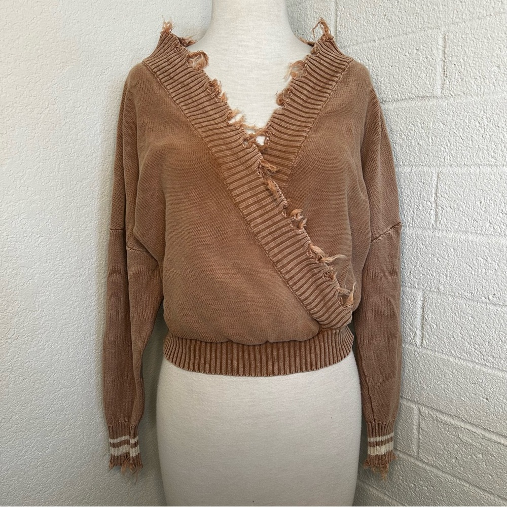 Distressed Camel Ribbed Knit Sweater, Relaxed Fit Dropped Shoulders, Deep V Neck